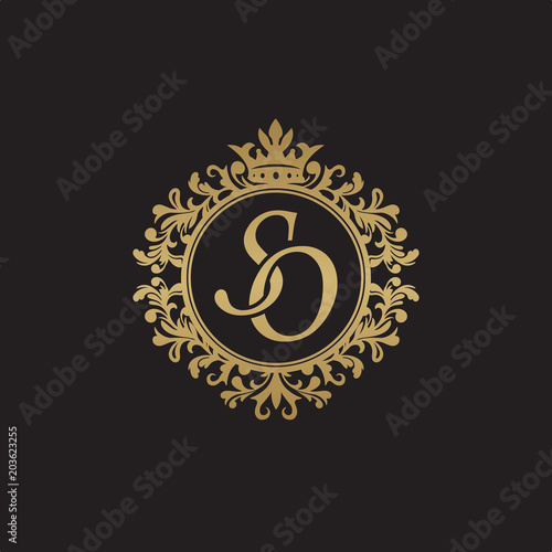 Initial letter SO, overlapping monogram logo, decorative ornament badge, elegant luxury golden color