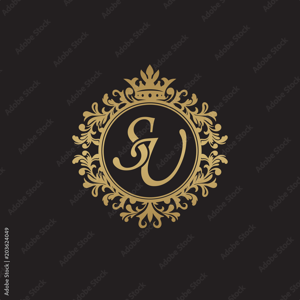 Fototapeta premium Initial letter SU, overlapping monogram logo, decorative ornament badge, elegant luxury golden color