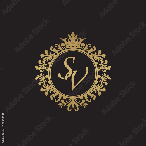 Initial letter SV, overlapping monogram logo, decorative ornament badge, elegant luxury golden color