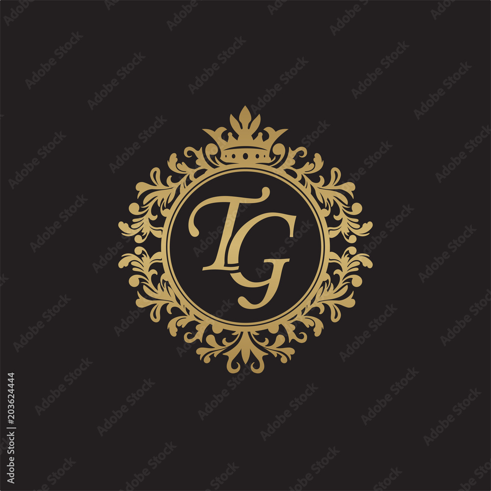 Initial letter TG, overlapping monogram logo, decorative ornament badge, elegant luxury golden color