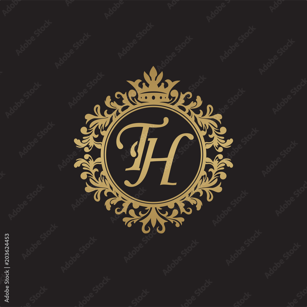 Initial letter TH, overlapping monogram logo, decorative ornament badge, elegant luxury golden color