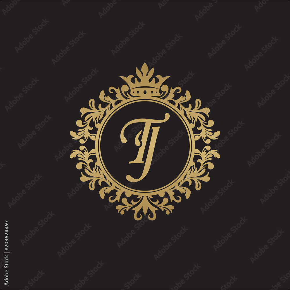 Initial letter TJ, overlapping monogram logo, decorative ornament badge, elegant luxury golden color