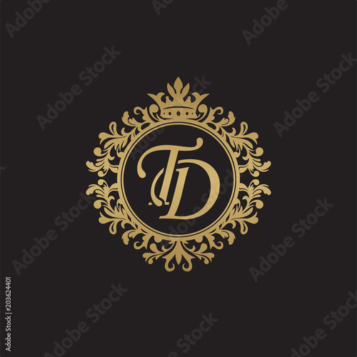 Initial letter TD, overlapping monogram logo, decorative ornament badge, elegant luxury golden color