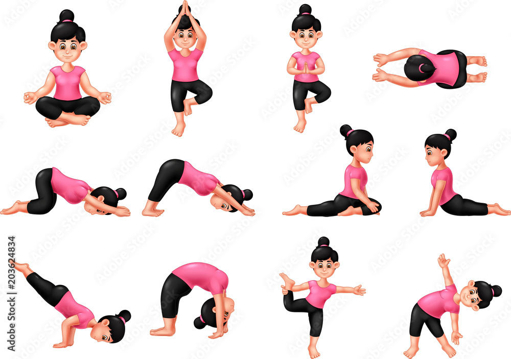 Set with beautiful woman cartoon exercising various different yoga poses  training Stock Vector | Adobe Stock
