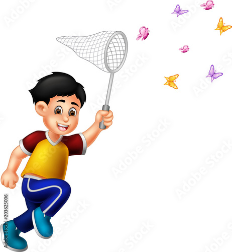 funny boy cartoon running with smile and catch butterfly