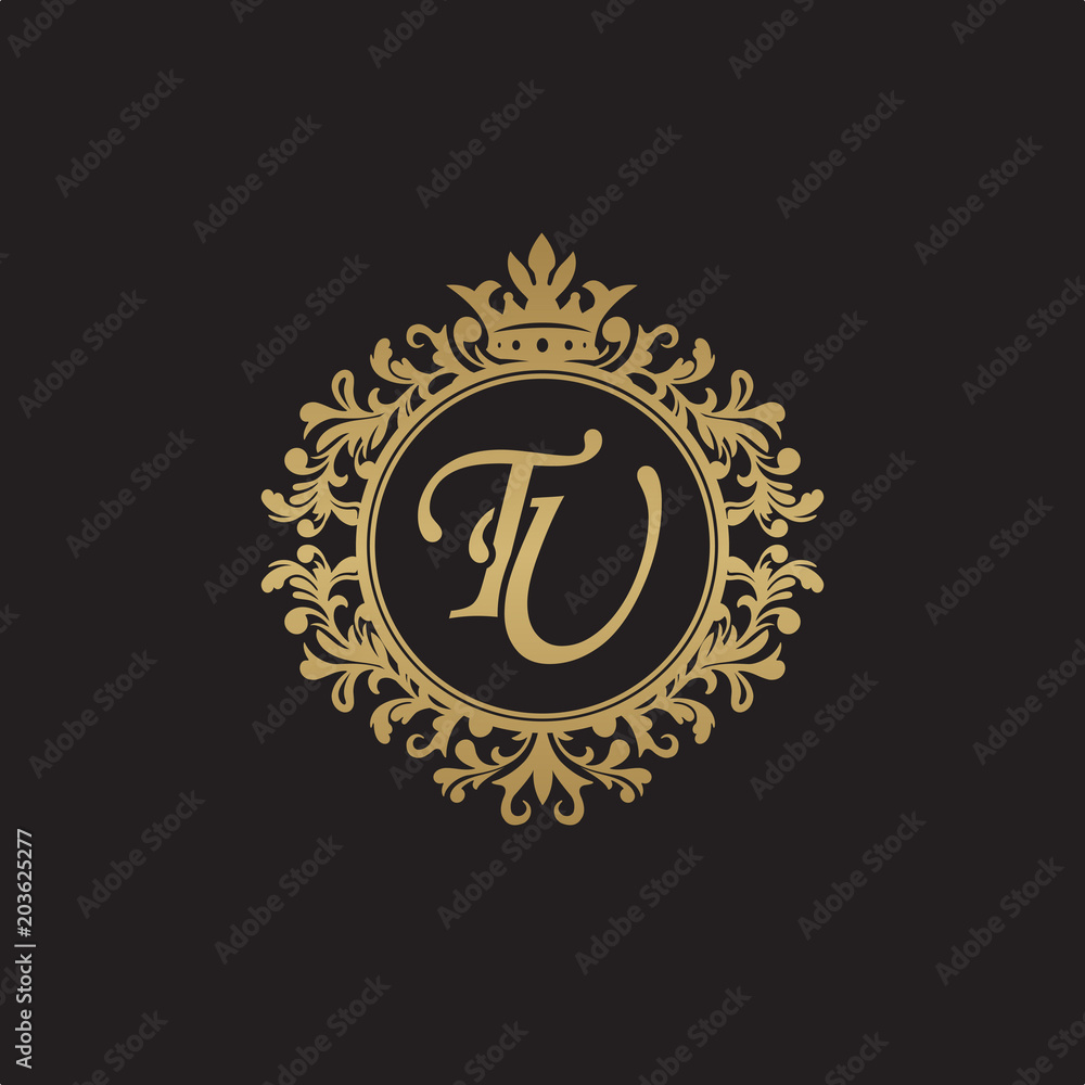 Naklejka premium Initial letter TU, overlapping monogram logo, decorative ornament badge, elegant luxury golden color