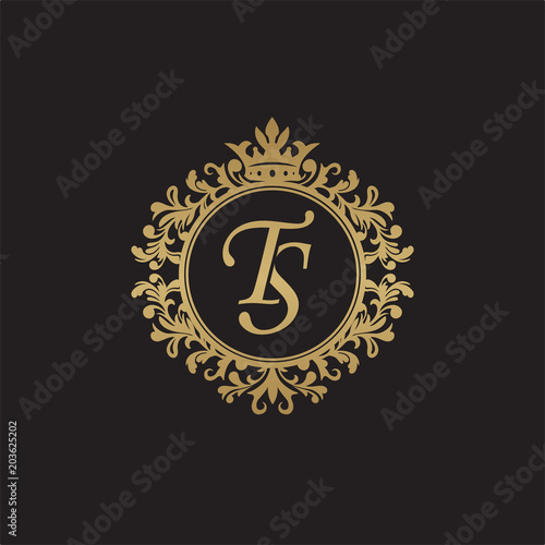 Initial letter TS, overlapping monogram logo, decorative ornament badge, elegant luxury golden color