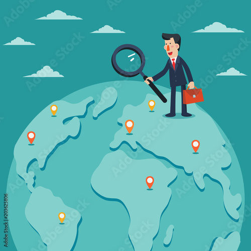 Businessman holding magnifying glass over world map. International collaboration, finding professional employees, new business start-up and business travel vector concept