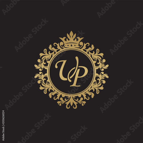 Initial letter UP, overlapping monogram logo, decorative ornament badge, elegant luxury golden color