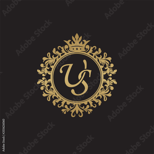 Initial letter US, overlapping monogram logo, decorative ornament badge, elegant luxury golden color