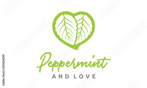 Peppermint Mint leaves and Heart Love logo design inspiration