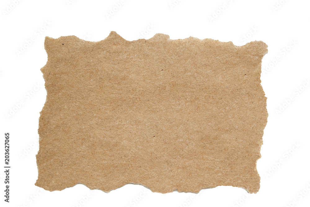 A piece of light yellow-brown paper with ripped edges, isolated on white background, abstract background for text, image
