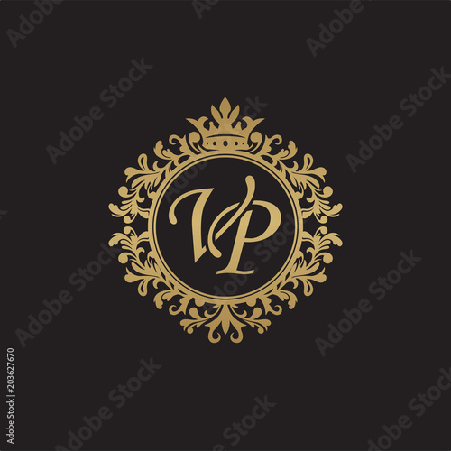 Initial letter VP, overlapping monogram logo, decorative ornament badge, elegant luxury golden color