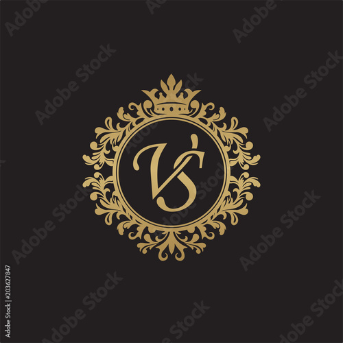 Initial letter VS, overlapping monogram logo, decorative ornament badge, elegant luxury golden color