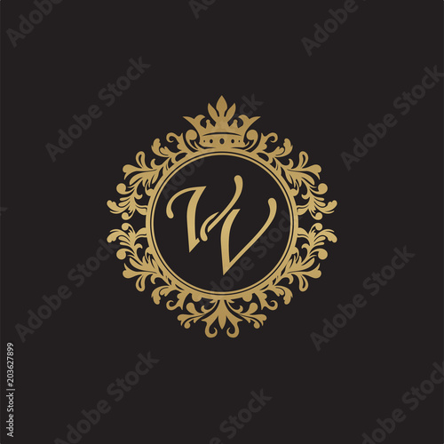 Initial letter VV, overlapping monogram logo, decorative ornament badge, elegant luxury golden color