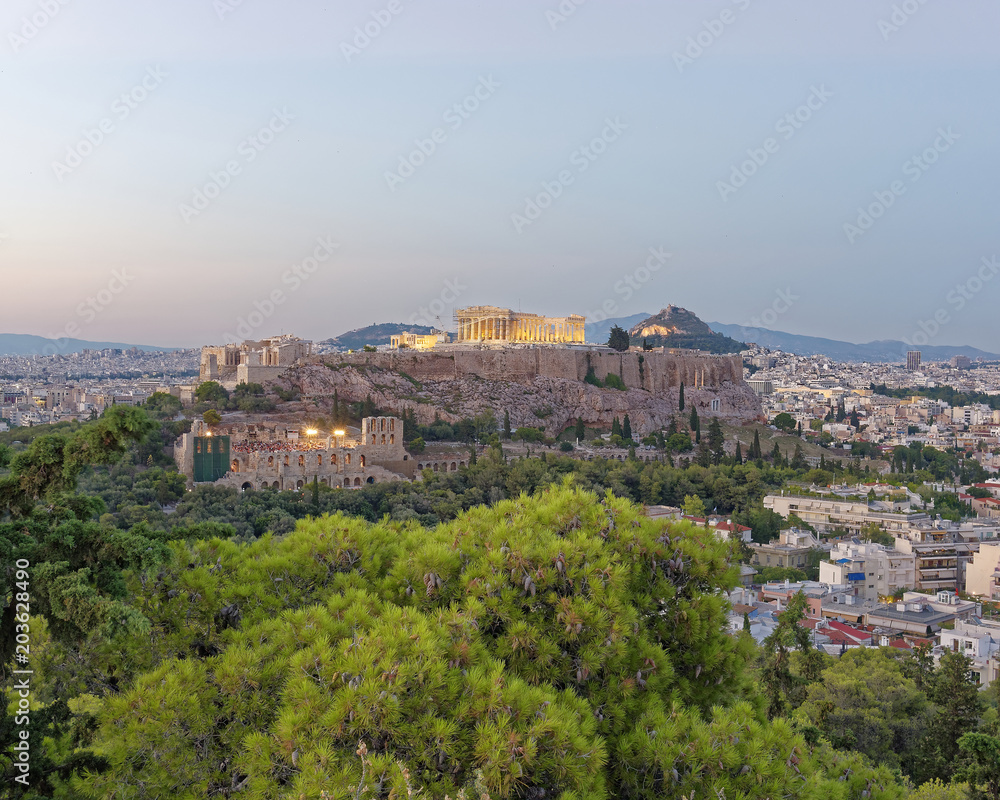 Athens Greece, Parthenon and Acropolis panoramic view in the twilight