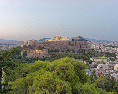 Athens Greece, Parthenon and Acropolis panoramic view in the twilight