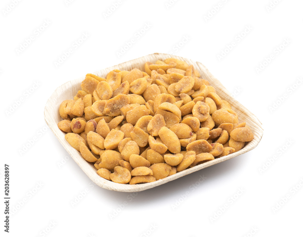 Indian Traditional Snack Food Masala Peanuts Also Know as Masala Sing Masala Shing or Spicy Peanuts Coated with Spices isolated on white background Indian Traditional Snack Food Masala Peanuts Also Know as Masala Sing Masala Shing or Spicy Peanuts Coated with Spices isolated on white background