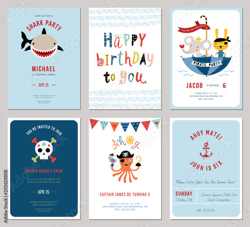 Birthday boy invitation cards set. Little bunny and octopus pirates, cartoon shark and decorative skull.