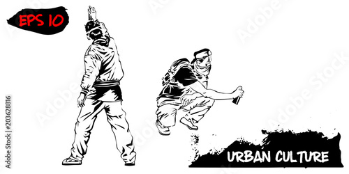 Illustration with representatives of Urban Culture. Two graffiti artists isolated on white background. Extreme theme modern print.