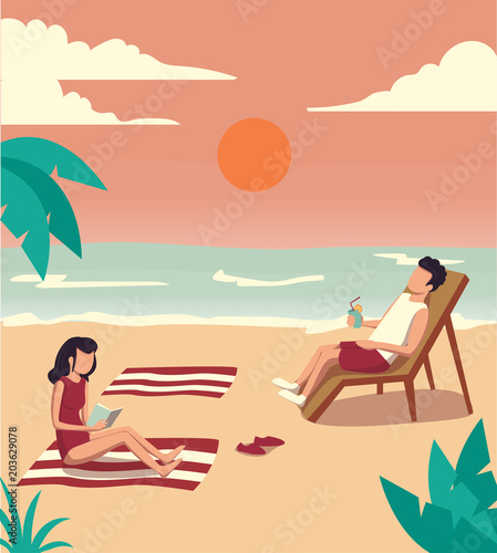People spend their holidays on the beach under the palm trees