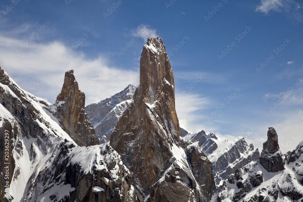 aerial view of highest rock in the world, in Karakorum range, trango