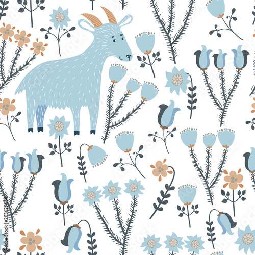 Vector seamless pattern with different flowers and cute goat on the white background