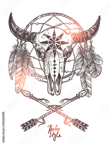 szkic-boho-z-recznie-rysowana-czaszka-byka