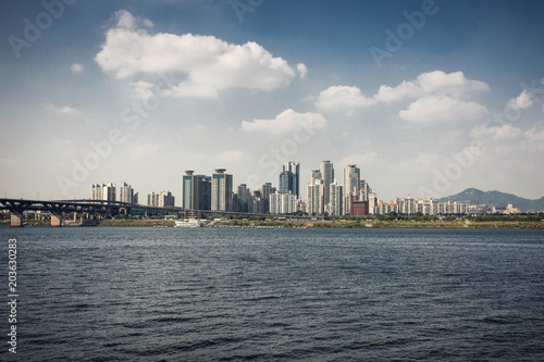 Han river and modern buildings district view in Seoul, Korea