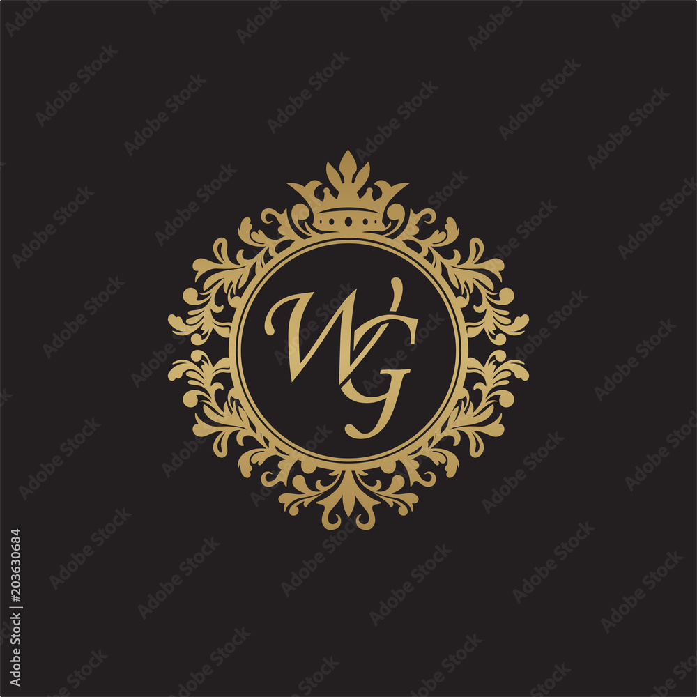Initial letter WG, overlapping monogram logo, decorative ornament badge, elegant luxury golden color