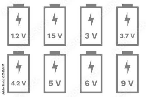 Battery voltage icon set. 1.2 V, 1.5, 3, 3.7, 4.2, 5, 6, 9 volt. Vector.