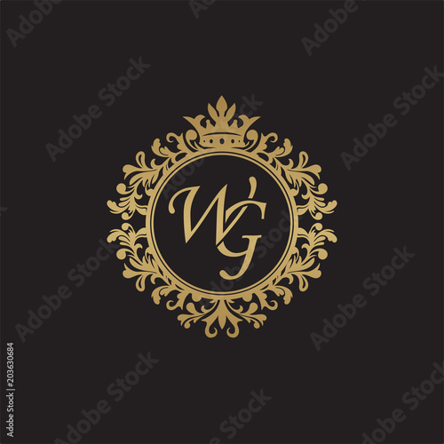 Initial letter WG  overlapping monogram logo  decorative ornament badge  elegant luxury golden color