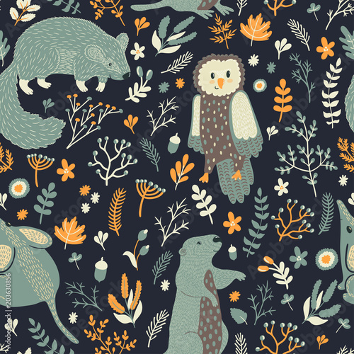 Vector seamless pattern with cute animals and floral elements: leaves, berries, branches, nuts, acorns and flowers. Natural hand drawing texture with marmot, mouse, owl and groundhog in the forest.