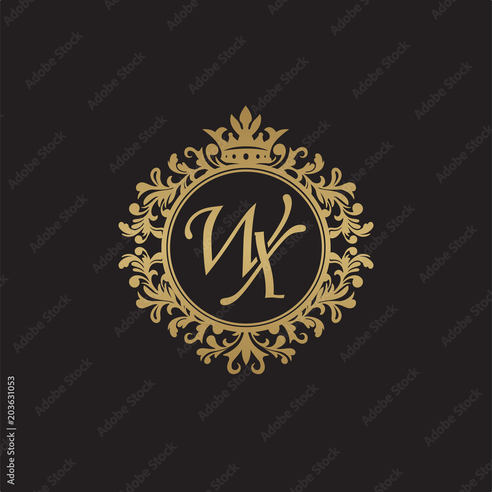 Initial letter WX, overlapping monogram logo, decorative ornament badge, elegant luxury golden color
