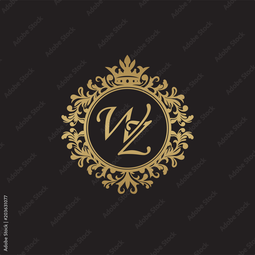 Initial letter WZ, overlapping monogram logo, decorative ornament badge, elegant luxury golden color