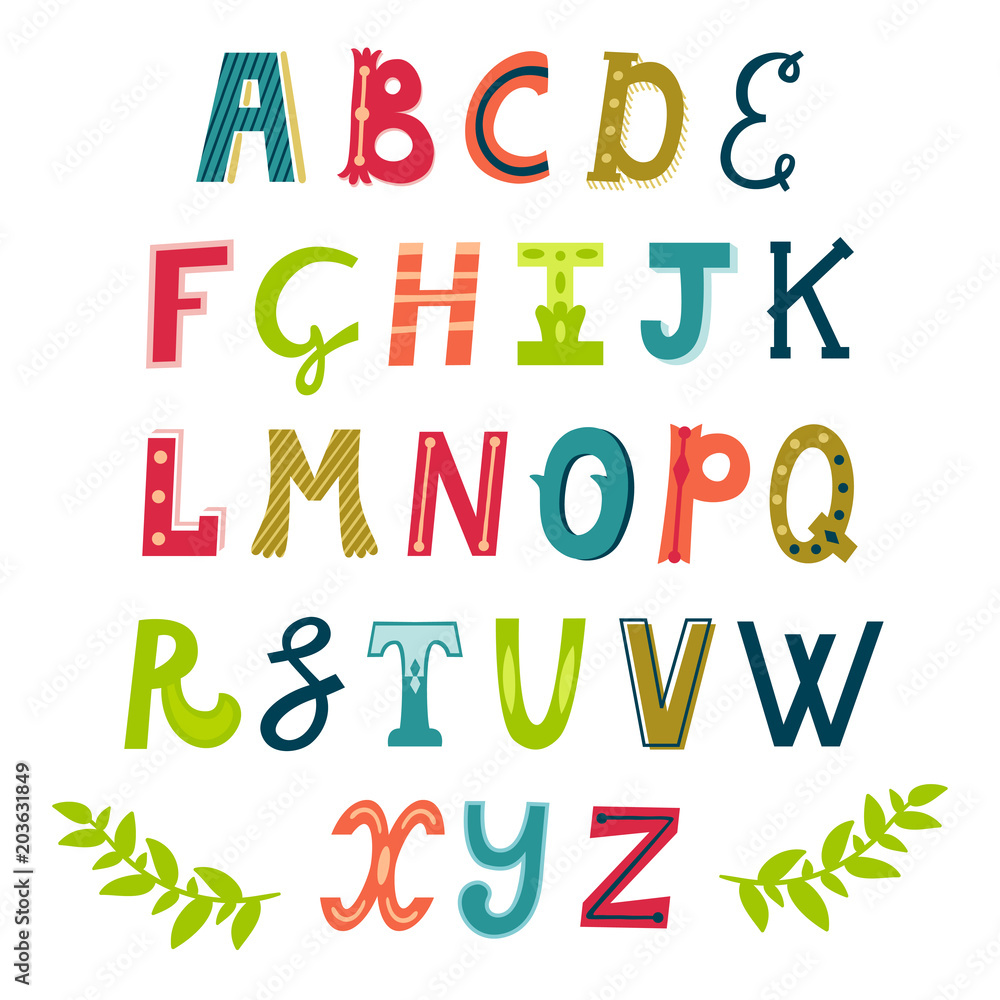 Vector set of bright different letters. Stylish abc. Retro hand drawing font.
