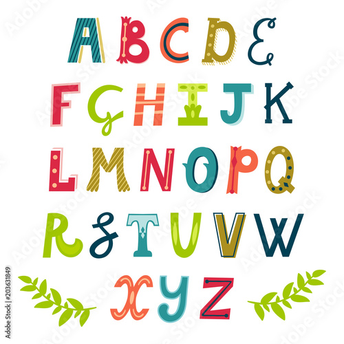 Vector set of bright different letters. Stylish abc. Retro hand drawing font.