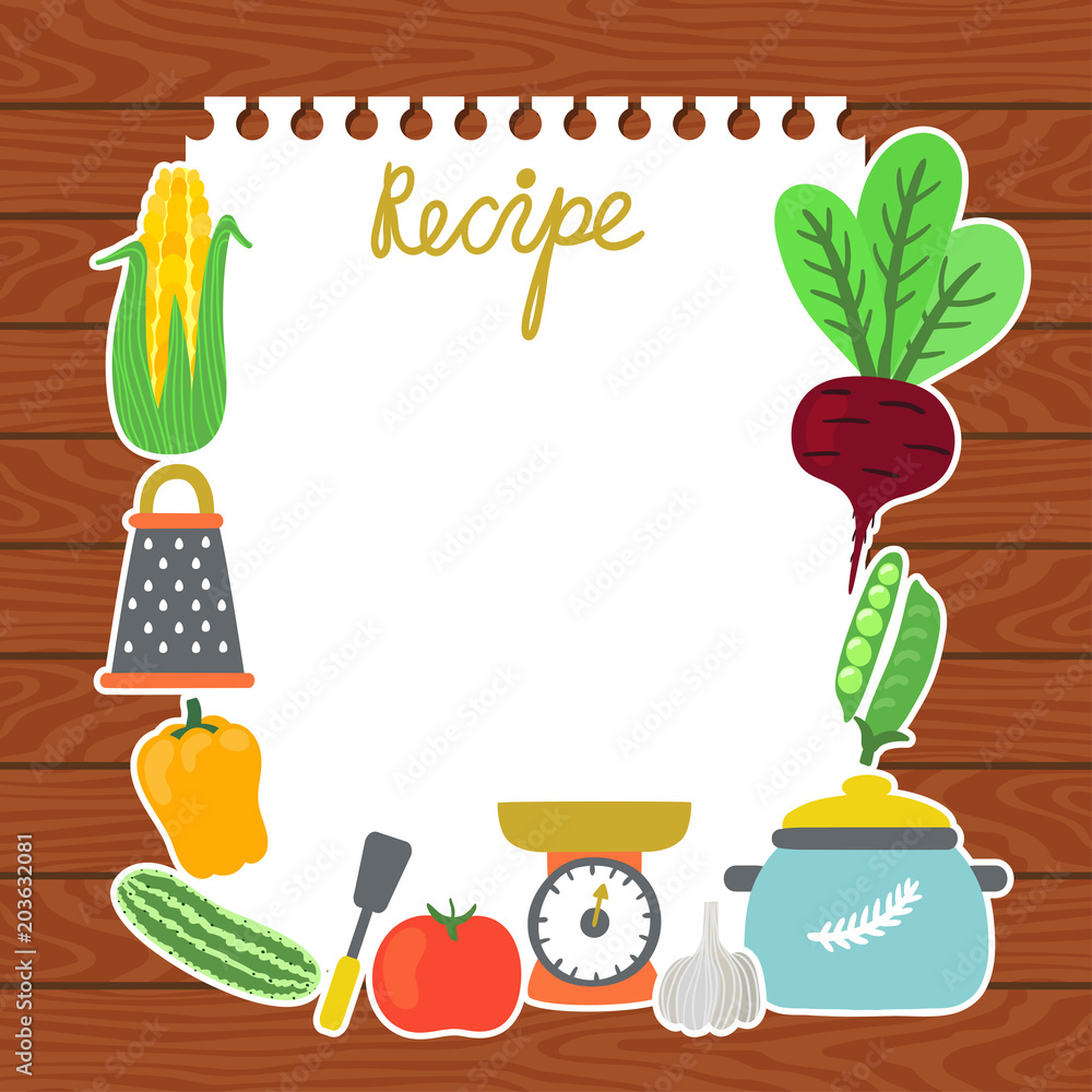 Vector background with a recipe card, different vegetables and