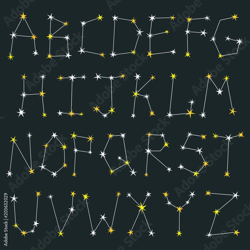 Vector set of letters made from constellations. Stylish abc with stars. Beautiful alphabet on the dark background.