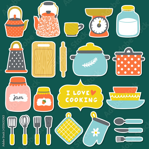Vector set of icons.Different kitchenware: pans, jars with jam, milk, grater, dishes, cup, teapot, kettle, kitchen scale, rolling pin, spoon, fork, knife, cutting board. Hand drawing cooking elements.