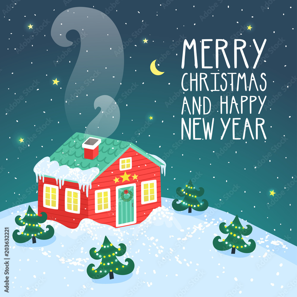 Fototapeta premium Vector holiday card with night landscape, small red house, wreath on the door, christmas trees, snowdrifts and text