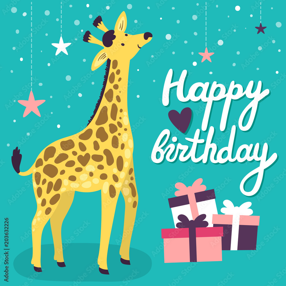 Vector birthday card with cute smiling giraffe, gift boxes and hand written text Vector birthday card with cute smiling giraffe, gift boxes and hand written text