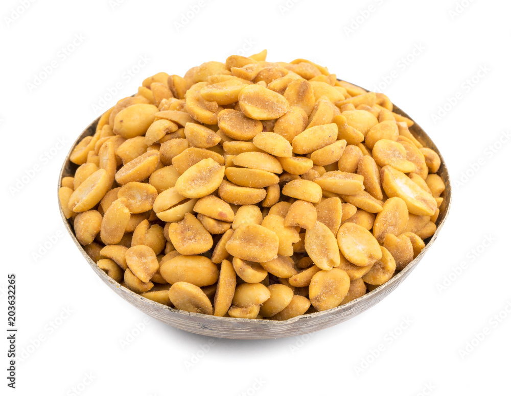 Indian Traditional Snack Food Masala Peanuts Also Know as Masala Sing Masala Shing or Spicy Peanuts Coated with Spices isolated on white background