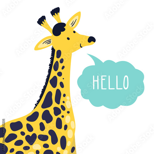 Vector illustration of cute giraffe and text  Hello . Childish background with smiling cartoon character.