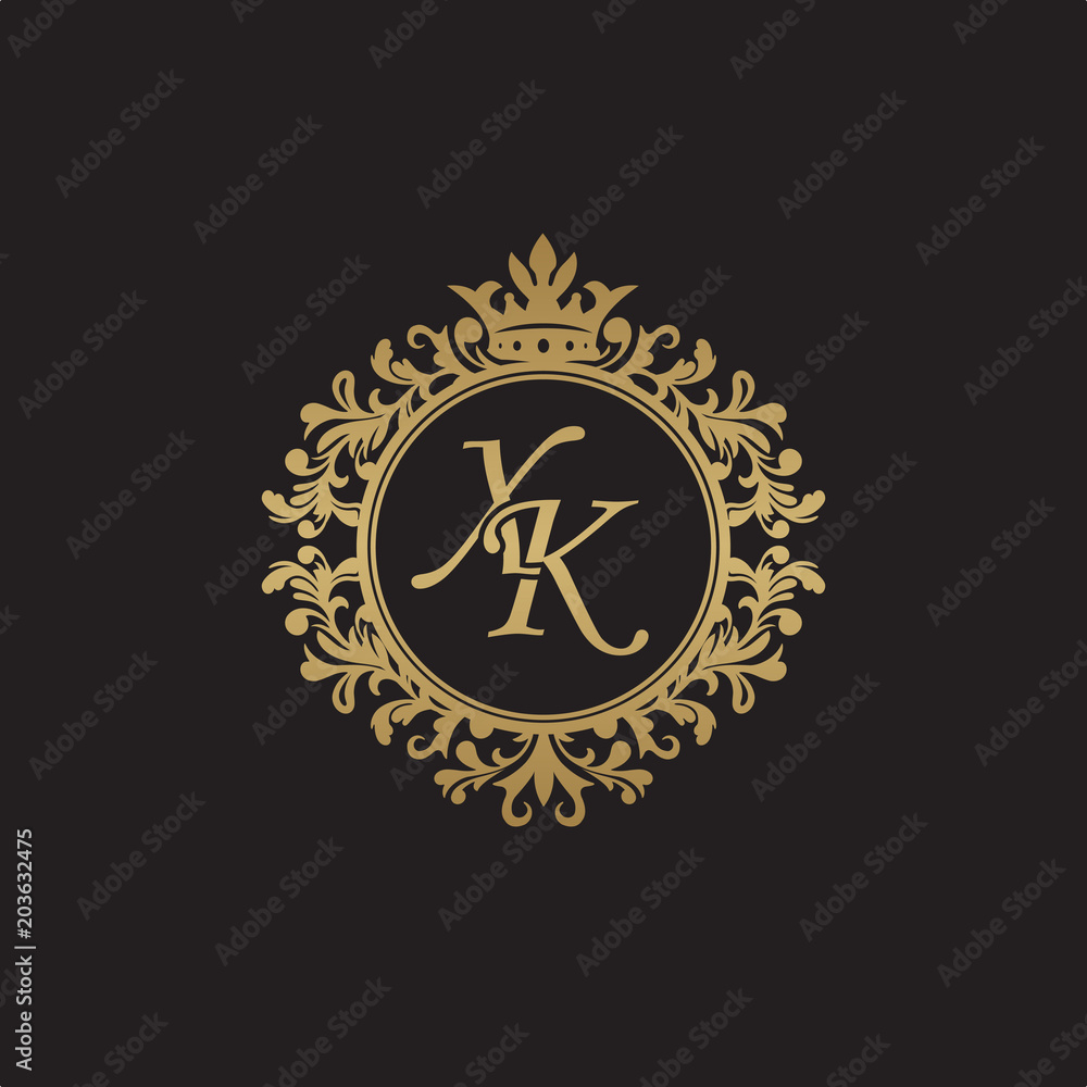 Initial letter XK, overlapping monogram logo, decorative ornament badge, elegant luxury golden color