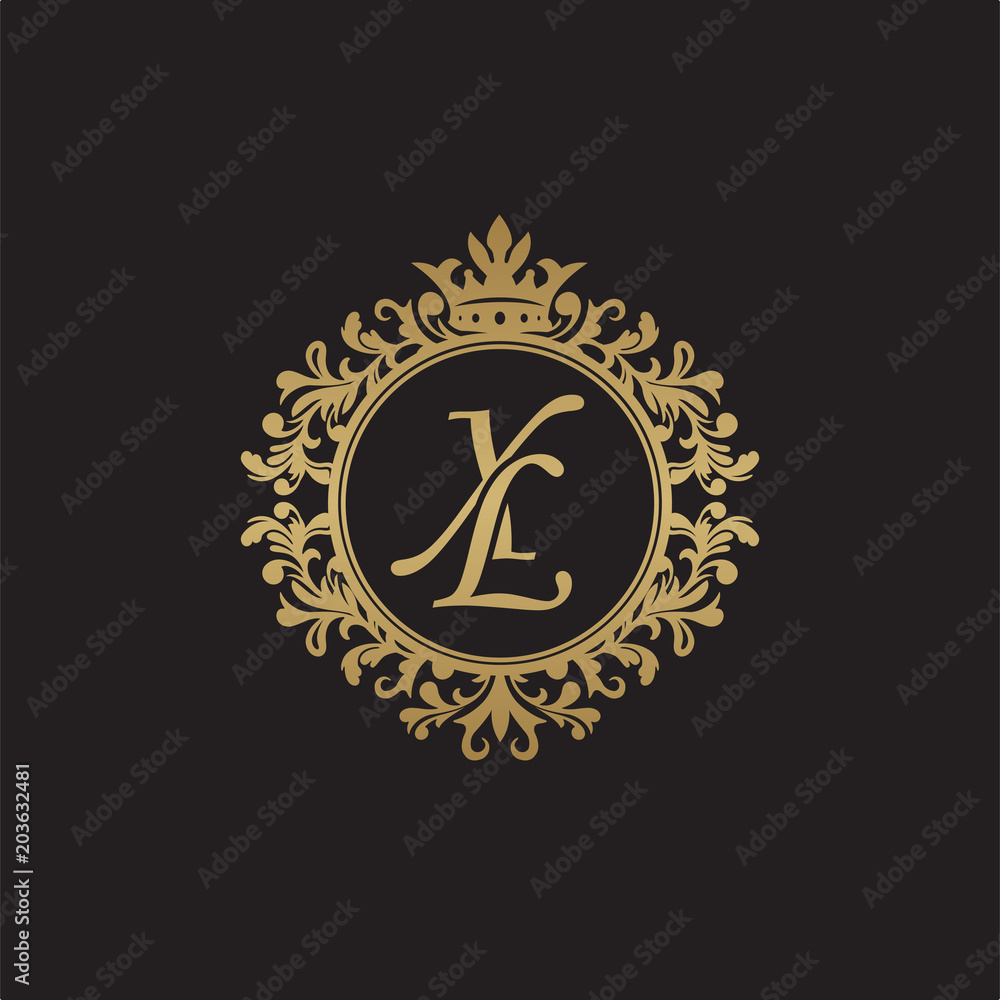 Initial letter XL, overlapping monogram logo, decorative ornament badge, elegant luxury golden color