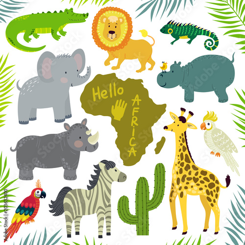 Vector set of african animals: elephant, giraffe, hippo, zebra, crocodile, lion, iguana, rhino, cockatoo parrot, macaw, african continent and floral elements: palm leaves and cactus. Cute zoo.