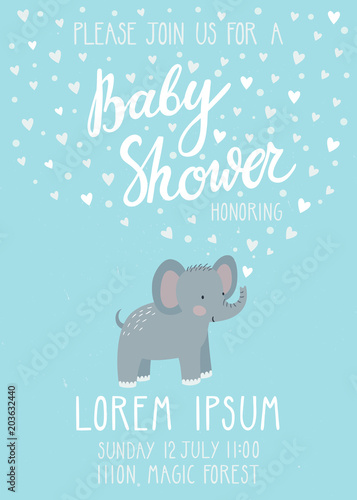 Baby shower invitation card. Cute childish background with elephant and beautiful typography. Invitation card template for baby boy little man