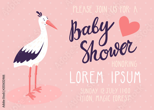 Baby shower invitation card. Cute childish background with stork and beautiful typography. Invitation card template for baby girl.