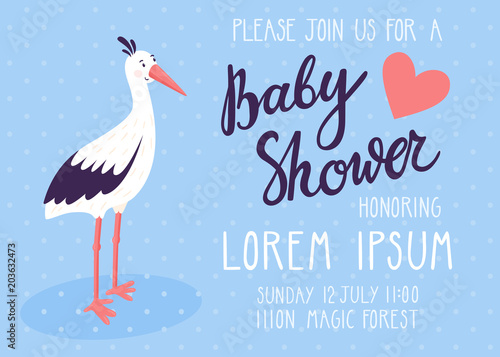 Baby shower invitation card. Cute childish background with stork and beautiful typography. Invitation card template for baby boy.